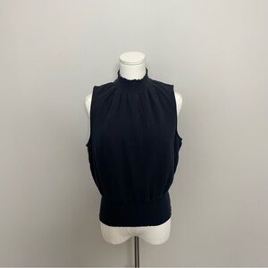 Sundays Top Gauze Cropped Mock Neckline Smocked Waist Quiet Luxury Navy Blue